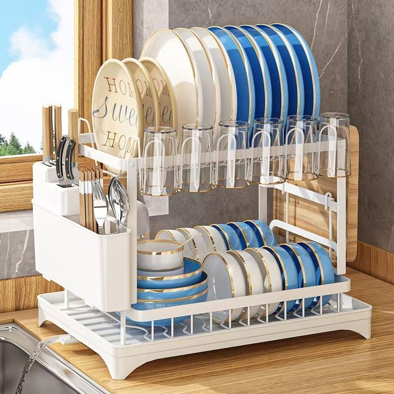 Two-layer drain rack, with adjustable dish rack, cutlery cup storage space, compact space-saving design, kitchen countertop finishing artifact, rugged storage solution