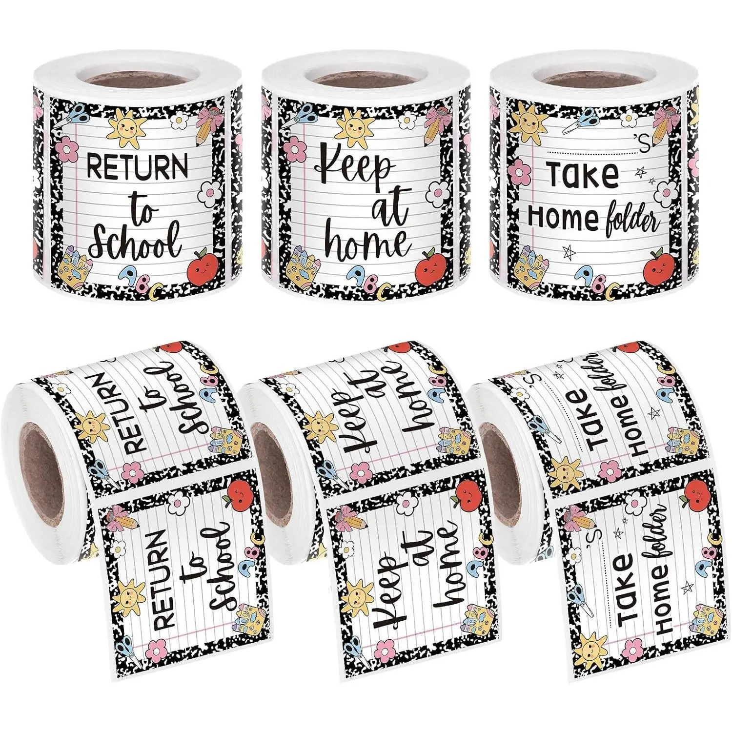 3 Rolls 600 Pcs Composition Notebook Labels Student Homework Folder Stickers Return to School Keep at Home 2"x 2" Back to School Sticker Label Thermal Printed Labels for Classroom Home