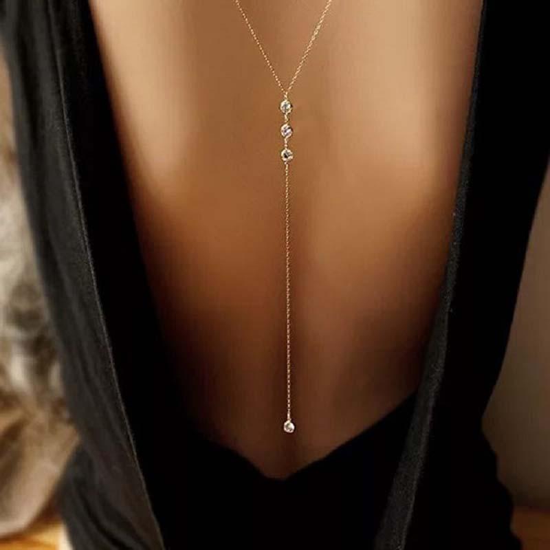 Women's Sexy Crystal Body Chain Necklace - Fashionable Jewelry, Silver-Colored Necklaces, Elegant Metal Long Zircon Backless Body Jewelry, Bikini Beach & Wedding Accessories, Body Chains