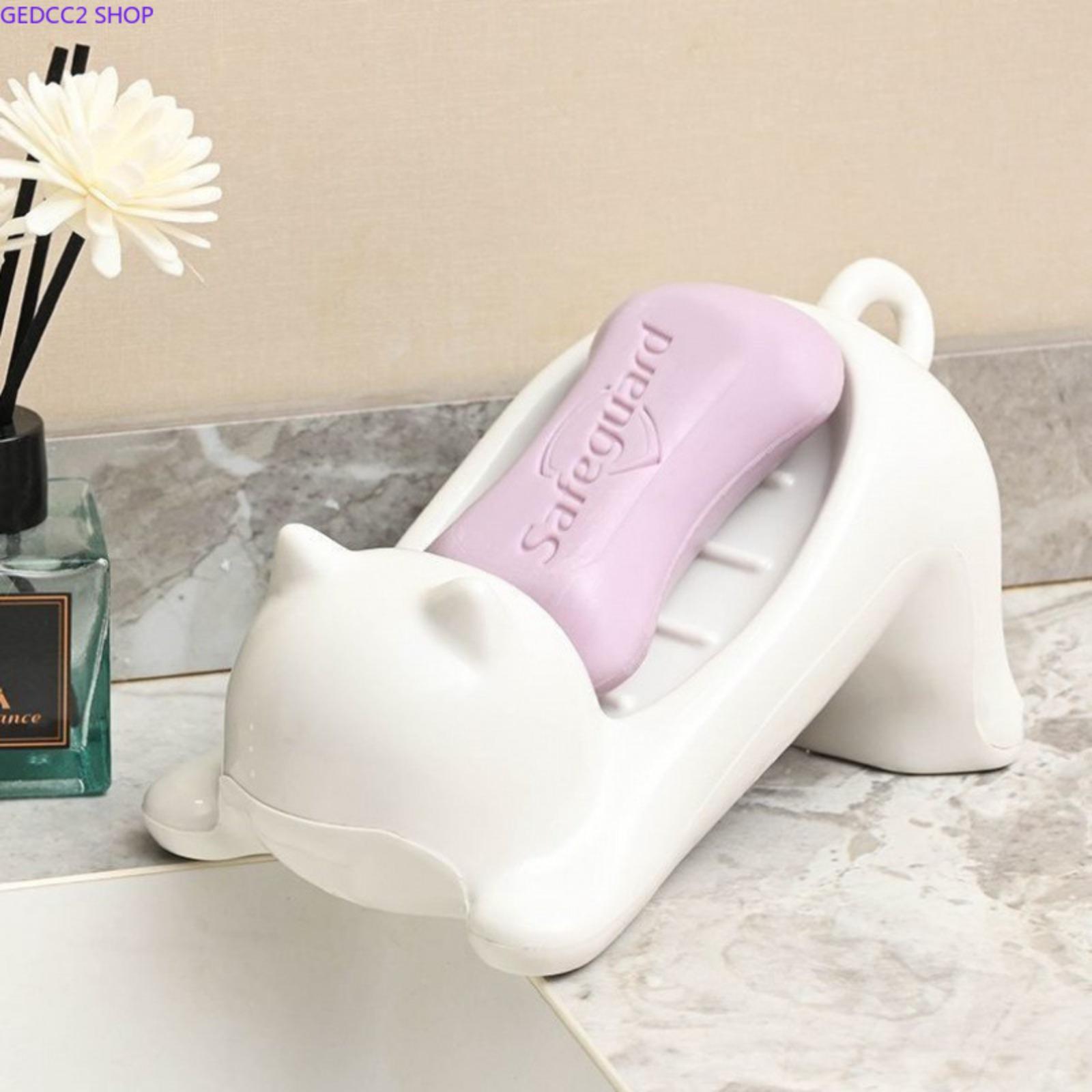 Cute Animal Shape Cat Soap Bar Holder with Drain Tray, Bathroom Accessory Counter Top Sink Storage for Camping & Hiking Hammock Setup, Cat Lover Gift Idea
