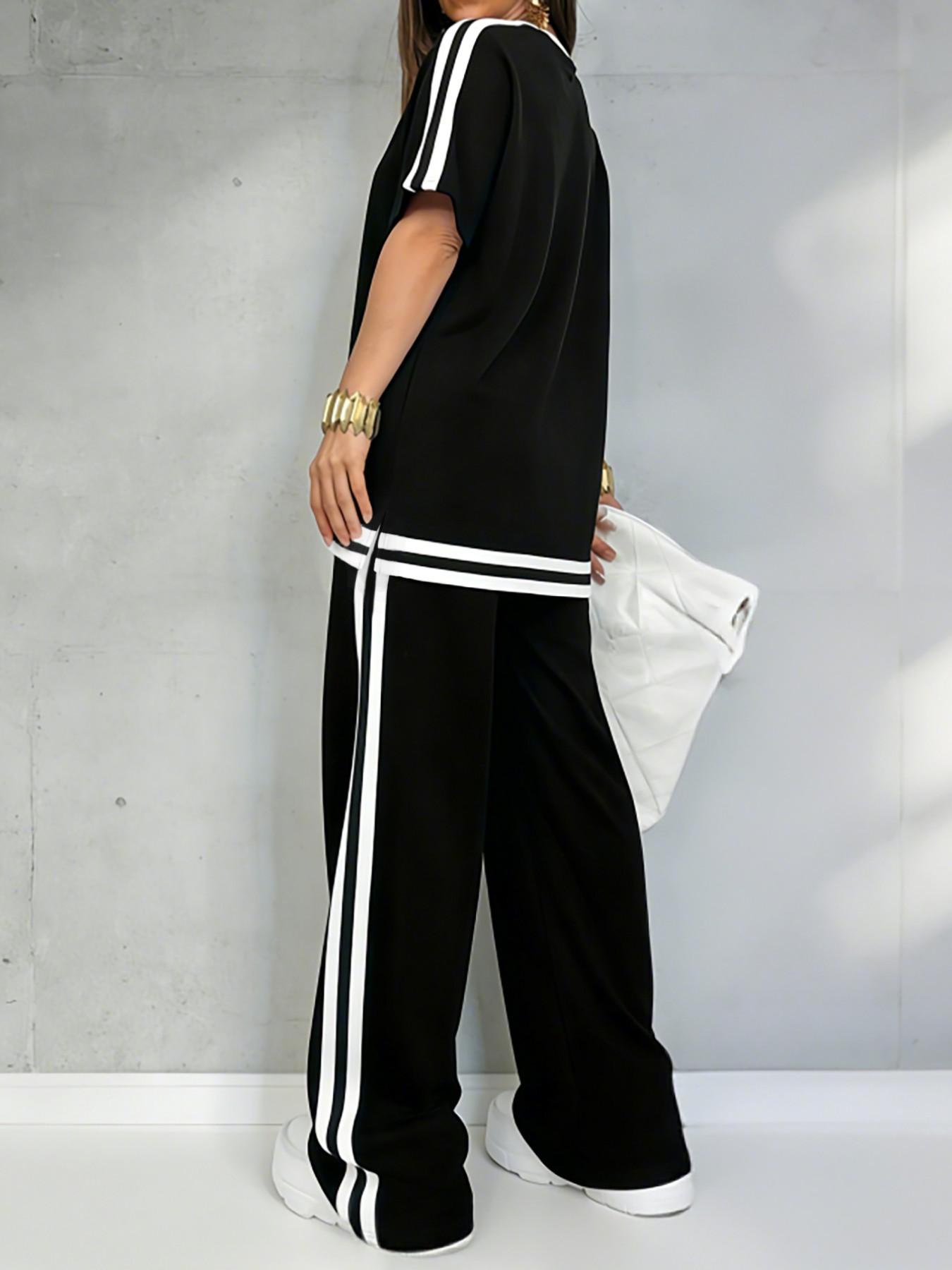 Women's Casual Sportswear Set, Pure Color V-Neck Short Sleeve T-Shirt & Striped Long Pants, Spring Summer Two-Piece