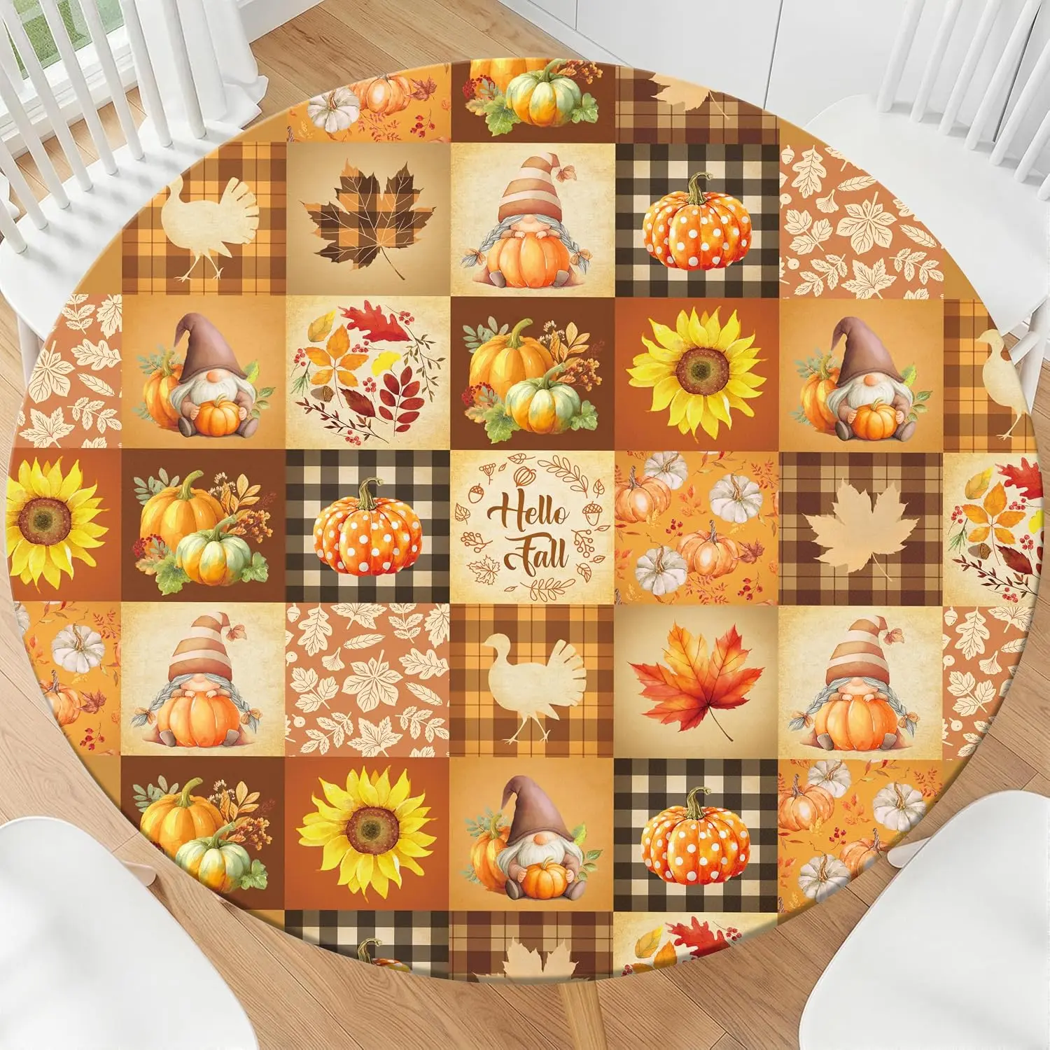 Casuru Fall Round Fitted Tablecloth with Elastic Pumpkin Maple Leaf Thanksgiving Table Cover Waterproof Autumn Kitchen Decor for Patio Holiday Party Fits to 40"-44" Round Table (Orange, 44" (Round))