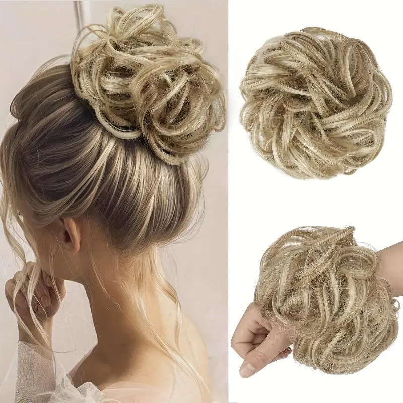 Messy Hair Bun Extension Scrunchie Updo Hairpiece Synthetic Tousled Wavy Chignon Hair Ring Elastic Scrunchie Hair Extension for Women Daily Party Wedding