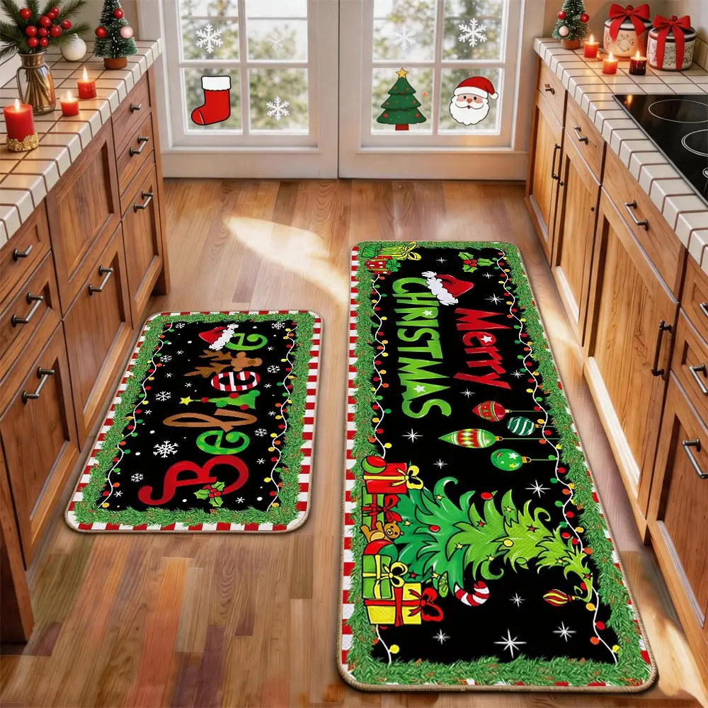 2 Pcs Christmas Kitchen Rug Mat Gnomes Gingerbread Tree Santa Clause Snowflake Red Black Floor Mat Set Farmhouse Kitchen Rug Non Slip Restaurant Floor Dining Room Laundry Room Decor Carpet Mat Winter Decor Home Decor Rug