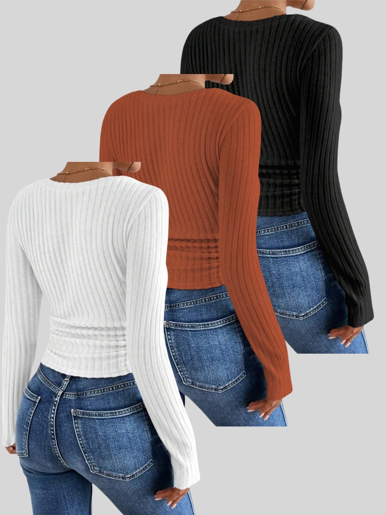 New Women's Fall Winter Solid V-Neck Long Sleeve T-Shirt Set of Three, Stylish, Casual and Comfortable for Daily Wear