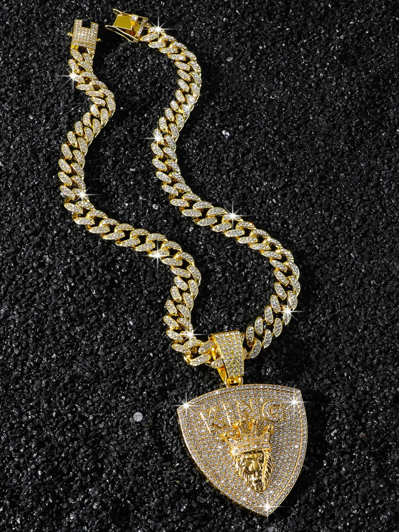 Luxury Full Diamond Crown Lion Shield Pendant, Men's Hip Hop Cuban Link Design Chain Accessory, Street Style Necklace, All Seasons Wear