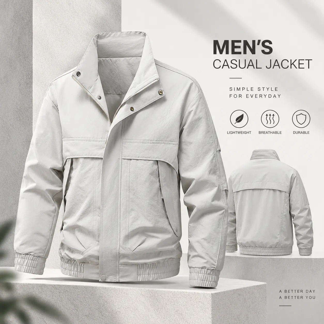 Men's Stand Collar Utility Jacket, Multi-Pocket Full Zip Casual Outdoor Outerwear for Men's