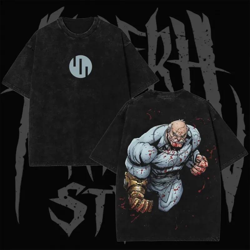 2000s Cosmic Villain Conquest Inspired Graphic Tee Invincible Viltrumite Empire Comic Vintage Washed Black Heavyweight Cotton Top Double Sided Front And Back Print Retro Y2K Streetwear Loose Fit Casual Apparel Trendy Daily Outdoor Unisex Fashi shirt