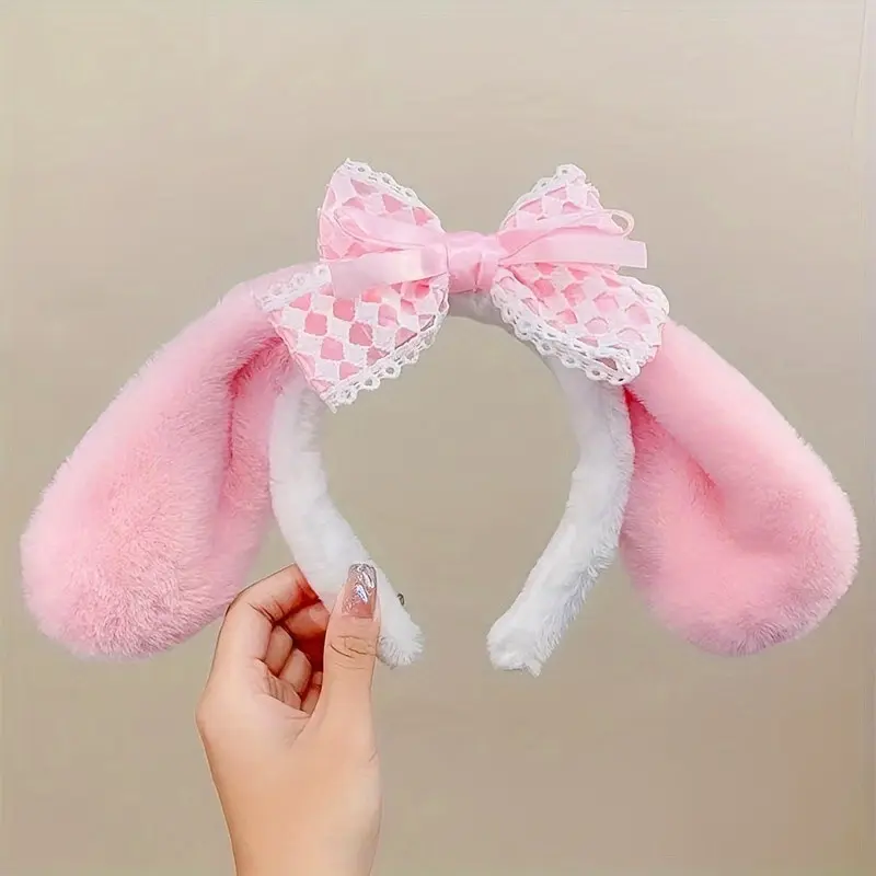 Cute Bow Large Ears Hairband, Plush Animal Ear Decorative Photo Prop, Daily Wear Headband for Women and Girls, Christmas Halloween Party Accessory