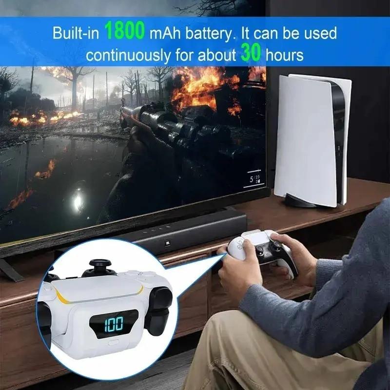 Portable LED display with rechargeable back-clip battery, a console accessory compatible with the PS5 controller. Features an 1800mAh polymer battery and provides 6-8 hours of gaming time the perfect PS5 gift.