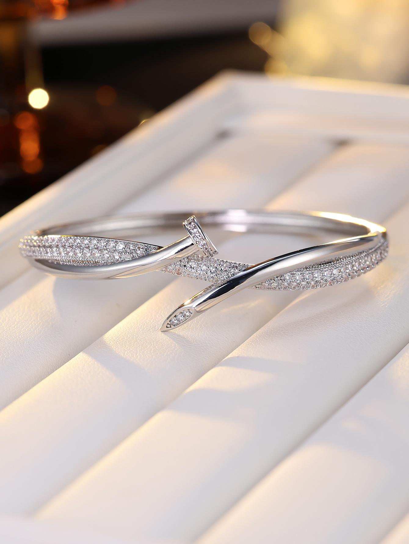 Luxury Micro‑Paved Zircon 18K Gold‑Plated Nail Bangle For Women, Minimalist Luxury Unique Designer Bracelet