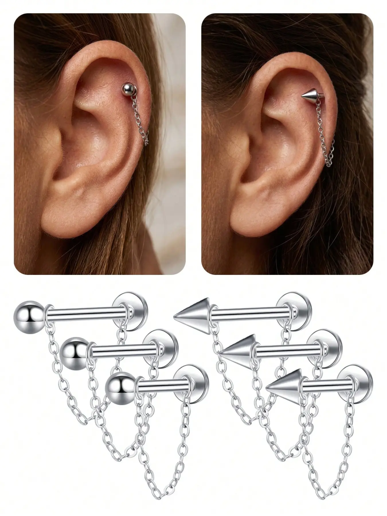 16G Chain Lip Rings Stainless Steel Snake Bite Jewelry,Statement Chain Round Ball Spike Lip Studs Body Piercing Jewelry For Women