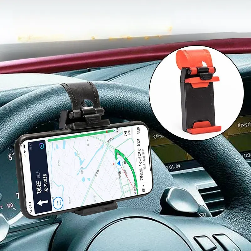 Universal Steering Wheel Car Phone Holder, Retractable Clamp‑Type Auto Navigation Mount, Hands‑Free Vehicle Device Bracket, Convenient Driving Accessory for Cellphone Daily City Commute Short Road Travel