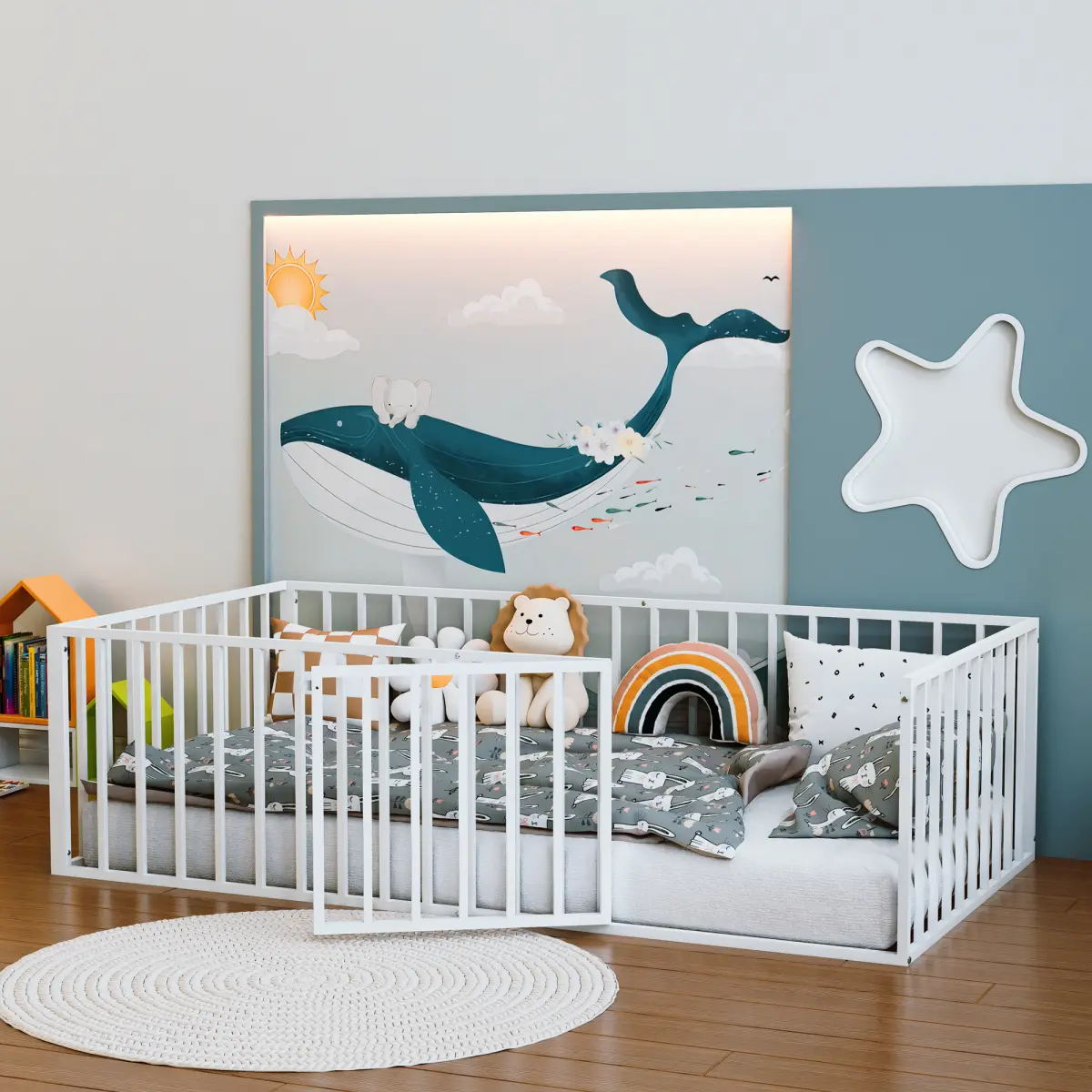 Low‑Profile Twin Floor Bed Frame with Fence & Swing Door, Heavy‑Duty Metal Construction, No Box Spring Required
