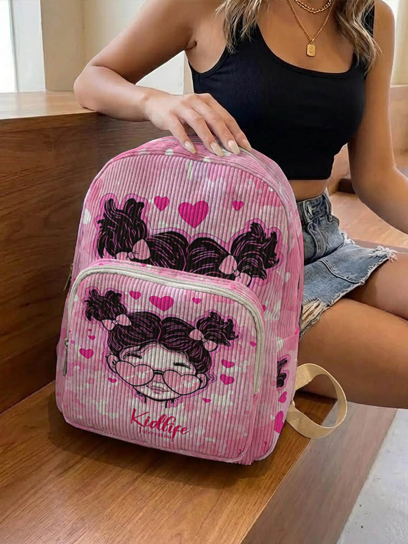 1 piece of character portrait 'Fun Kidlife' 2D printed lady's backpack, corduroy texture + layered storage + light weight reduction | perfect for students to go to class/shopping/short trips | combination of atmosphere and practicality
