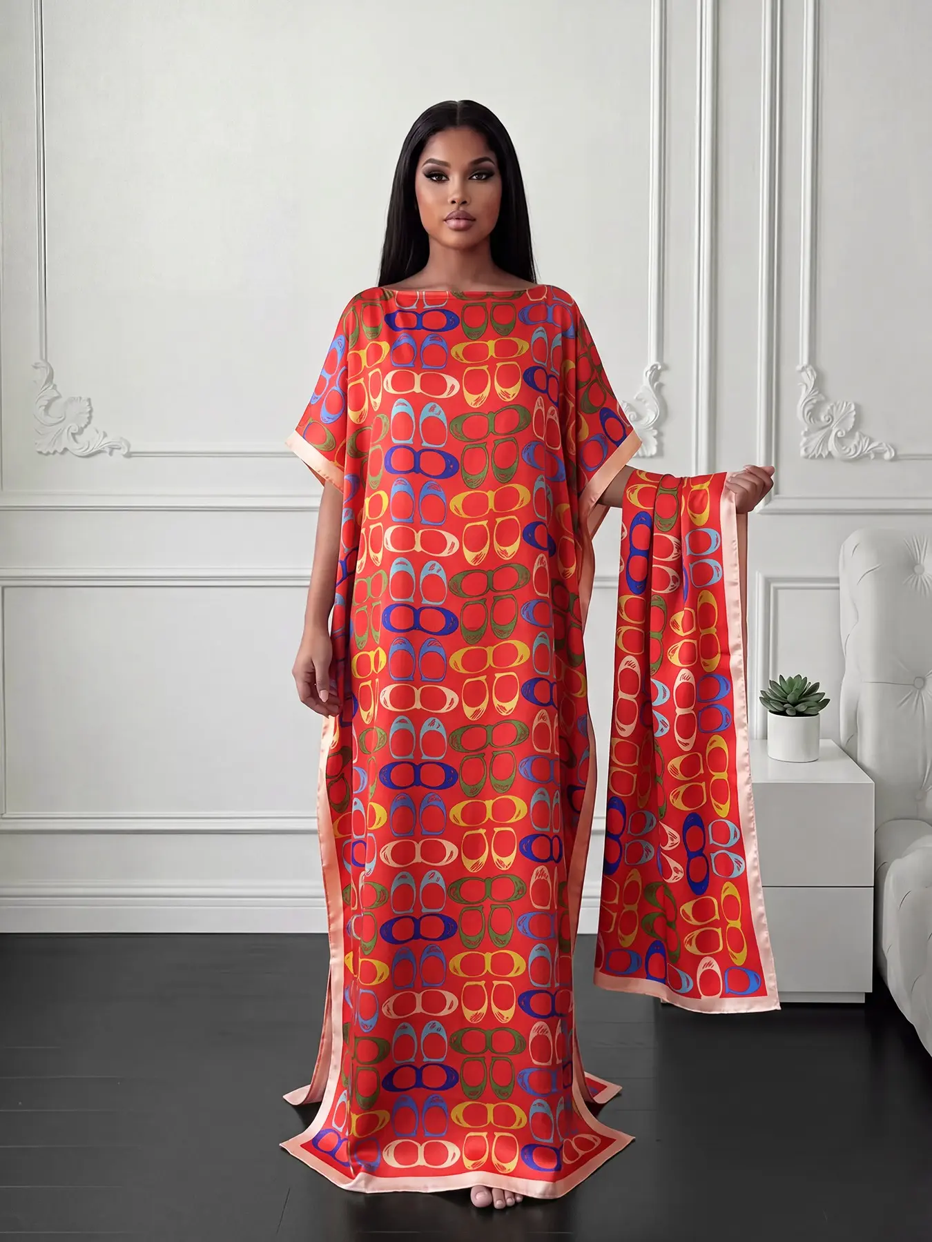 Elegant Geometric Print Robe Set, Long Dress with Headscarf, Sun Protection Silk Scarf, Women's Beachwear, Stylish and Comfortable