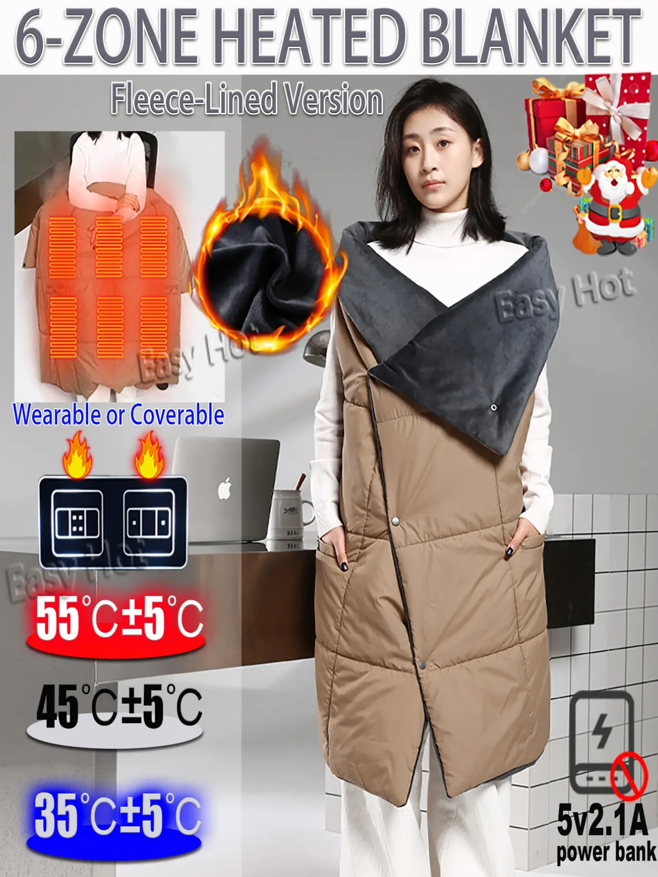 6-Zone Heated Wearable Blanket, Fleece-Lined Thickened Electric Blanket and Shawl, Battery-Powered Portable Electric Blanket (Khaki, 43x52 inches), 3 Temperature Settings, Long-Length Blanket for Home Use or Winter Outerwear (Battery Not Included)