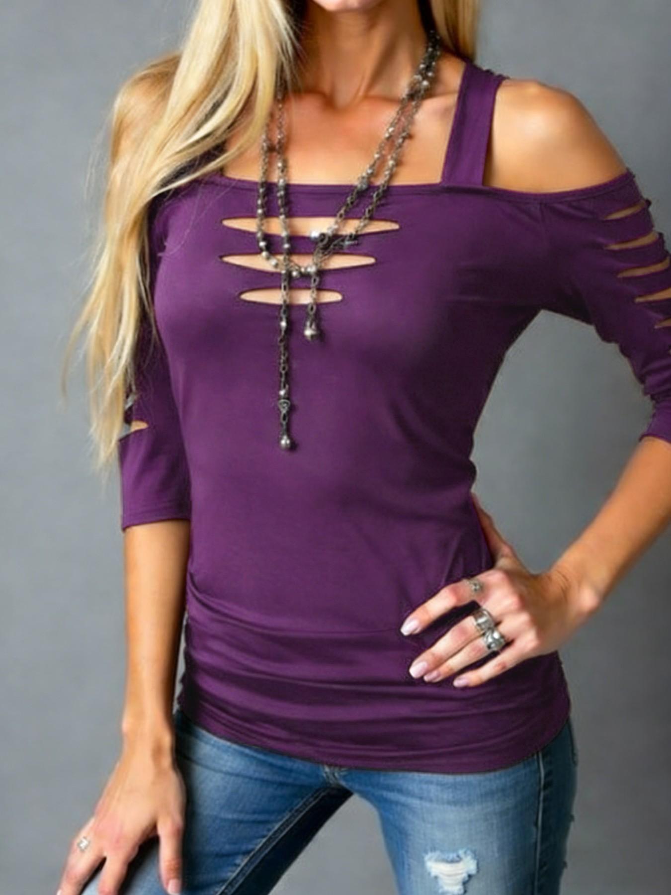 Women's Cut Out Shoulder Three Quarter Sleeve T-Shirt, Side Ruched Design, Soft Elastic Fabric, Casual Daily Wear