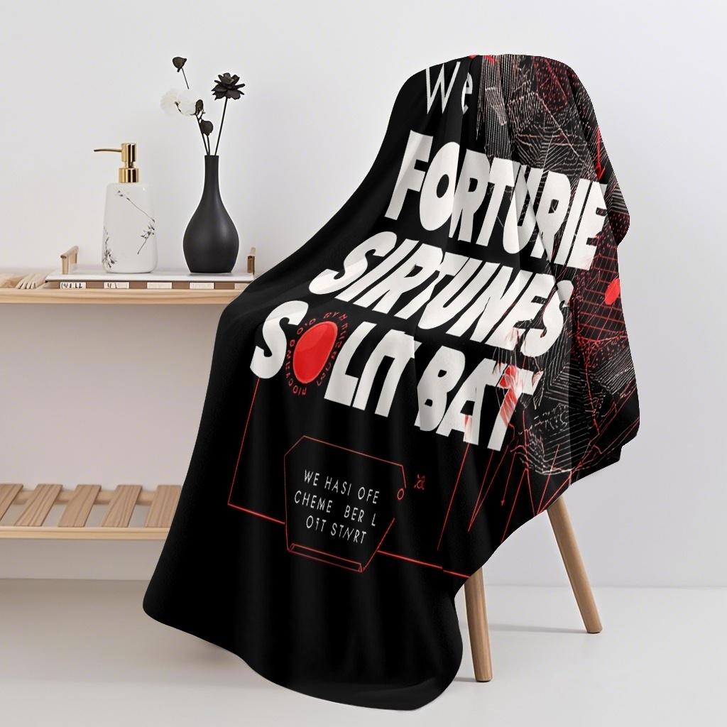 Black background with red geometric patterns and white text; beach towel/beach towel multi-functional use. Absorbent towel