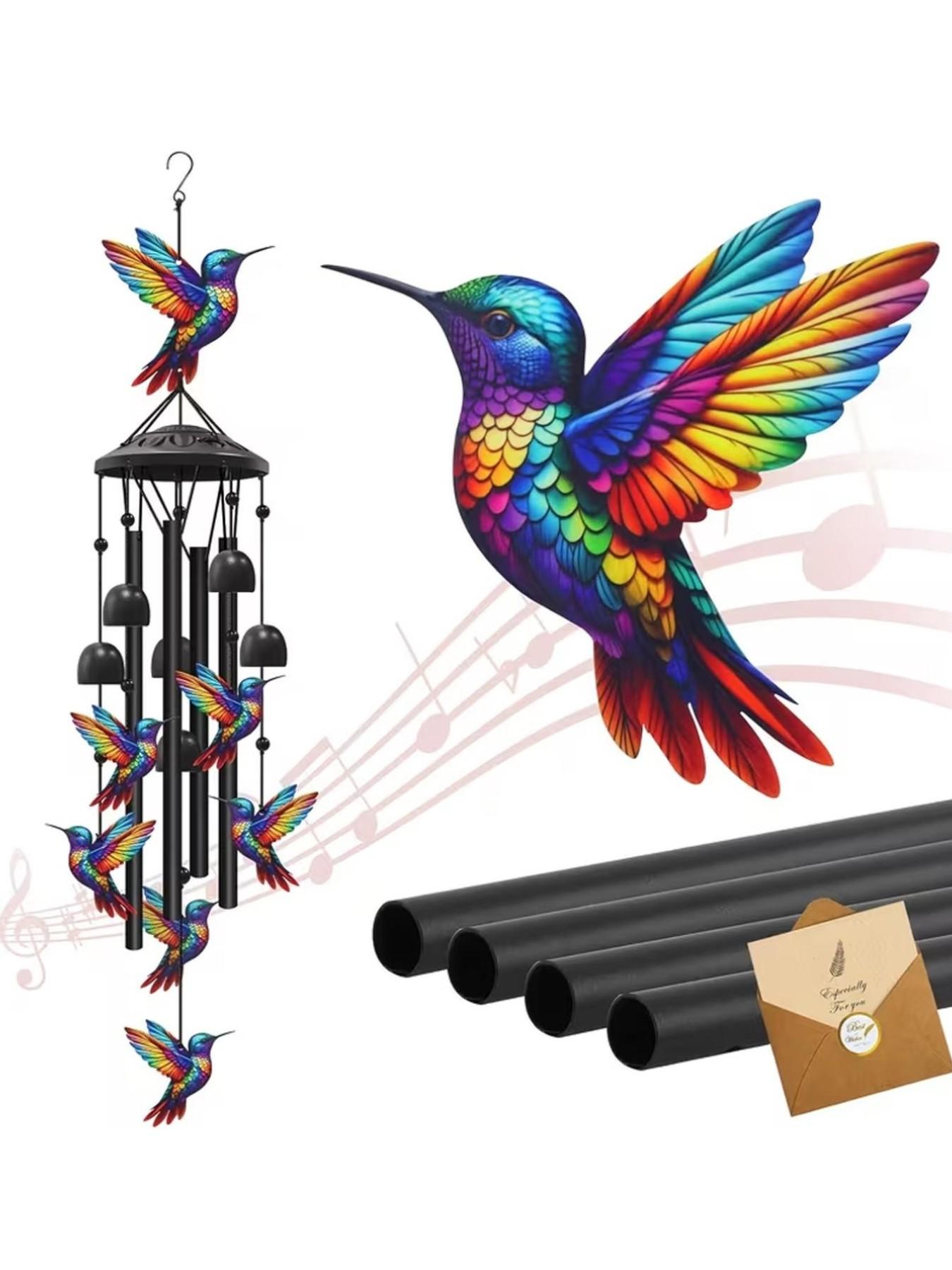 36-Inch Outdoor Hummingbird Wind Chime, Metal Garden Pavilion Decoration, Durable, Gift for Men Women, with Greeting Card