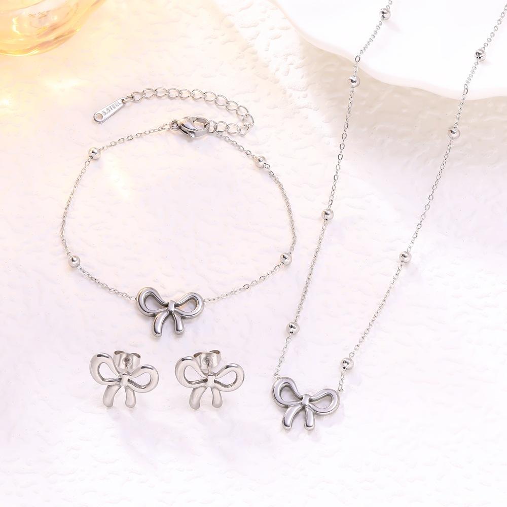 Gold Tone Bow Jewelry Set for Women, 3Pcs Dainty Bow Charm Necklace Bracelet Earrings Set, Elegant Stainless Steel Everyday Jewelry