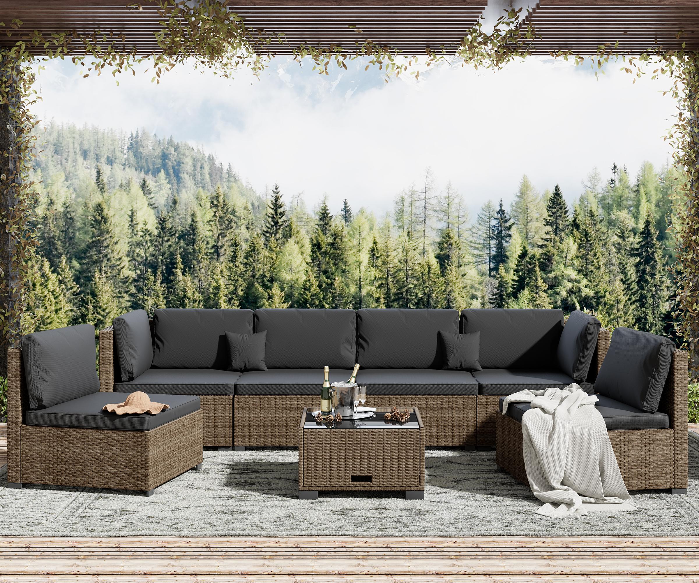 7 Piece Patio Furniture Set, Outdoor Furniture Patio Sectional Sofa, All Weather PE Rattan Outdoor Sectional with Cushion and Coffee Table. Swivel Chair Lounge