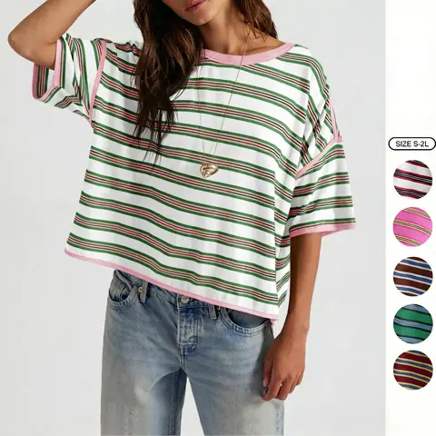 Imily Bela Oversized Womens Striped T-Shirts Summer Casual Color Block Short Sleeve Tops Drop Shoulder Boxy Tees