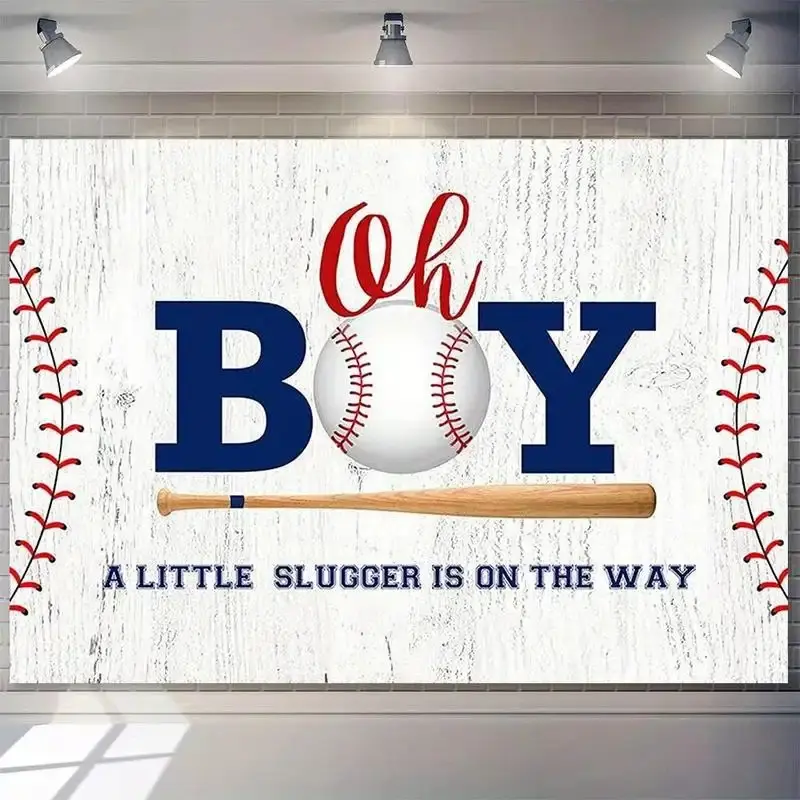 1pc Polyester Baseball Backdrop Decor - "Oh Boy A Little Slugger is on The Way" Print, Durable, Navy Blue & Red Theme, for Birthdays, Party Decorations, Banners Ornaments