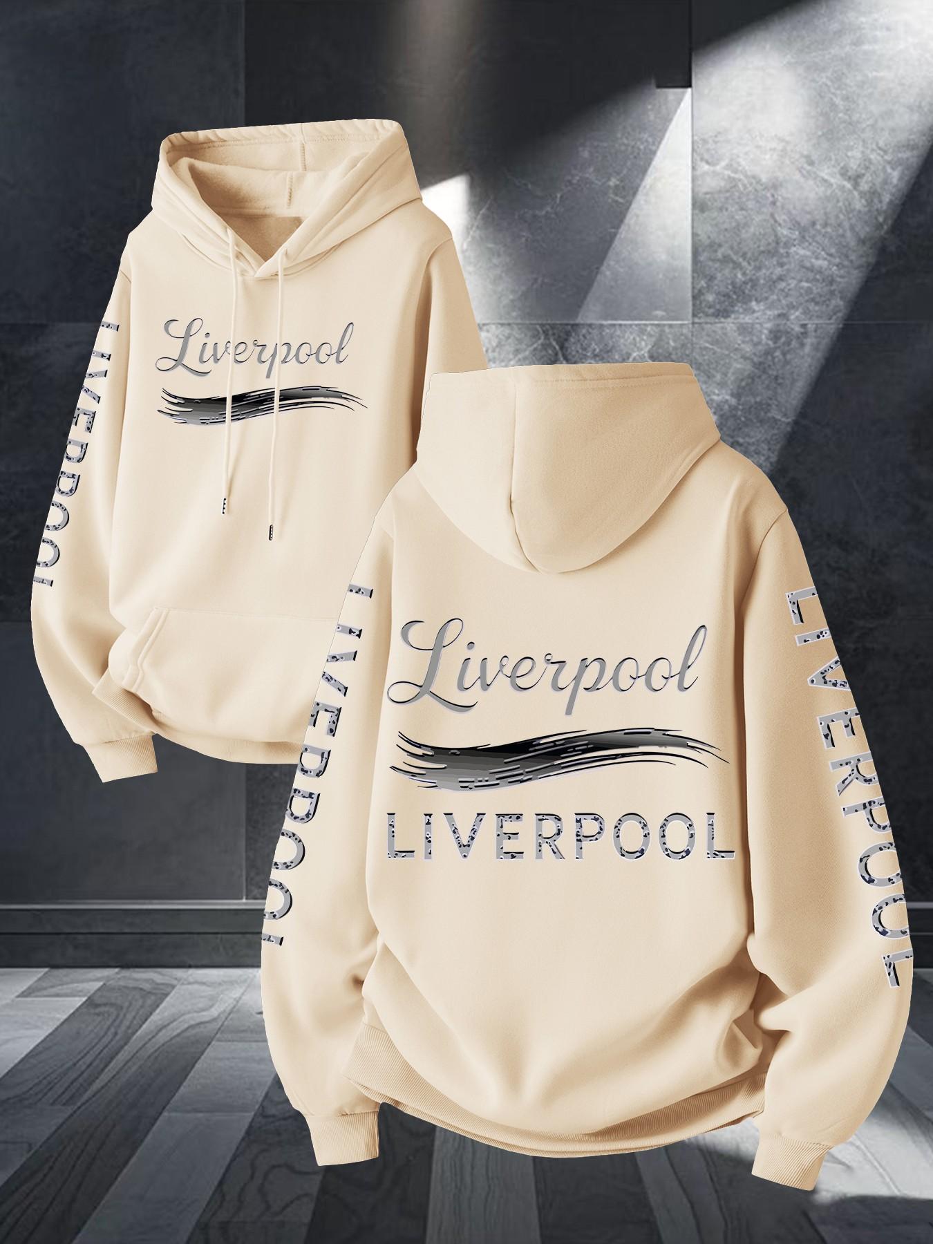 Liverpool Art Brush Print Hoodie, Unisex Long Sleeve Casual Sweatshirt, Geometric Pattern, Kangaroo Pocket, Fall & Winter Streetwear
