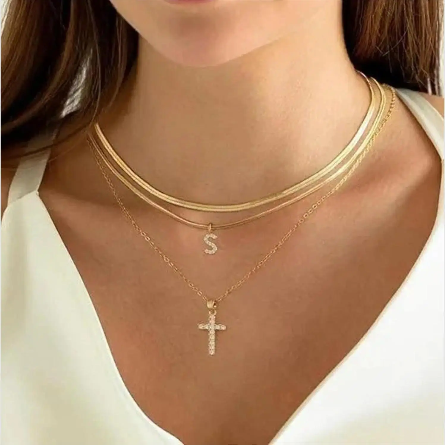 Layered Stackable Necklace Tiny Initial Cross Pendant Sparkling Accent Minimalist Elegant Aesthetic Everyday Wear Outdoor Fun Chic Fashion Accessory Trending Statement Item For Daily Outfit Matching Unique Personalized Jewelry Piece