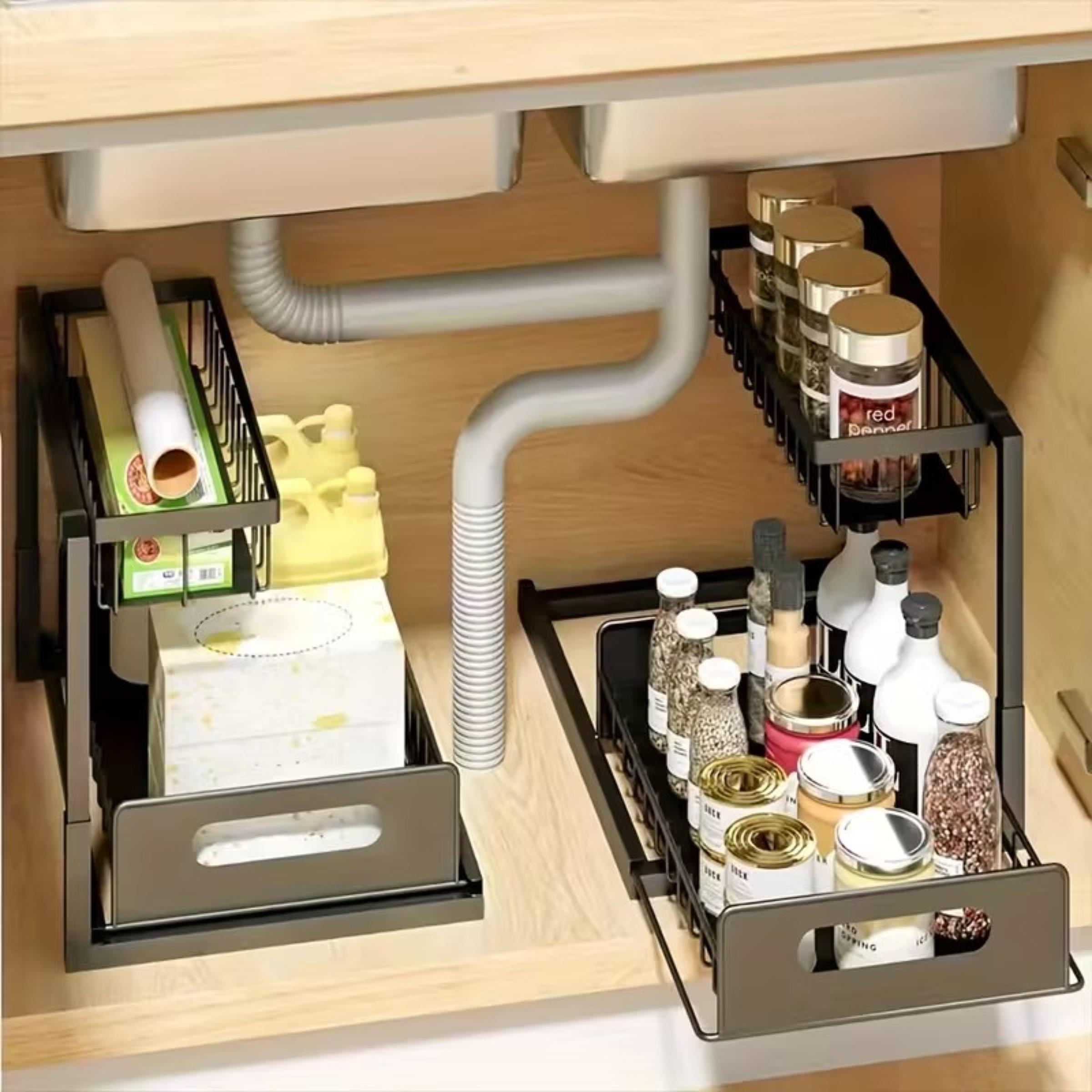 Double Layer Sink Organizer Rack with Metal Sliding Shelves, Adjustable Standing Shelf, Perfect for Kitchen Bathroom Food Storage Cabinet Space (1 Piece or 2 Pieces)
