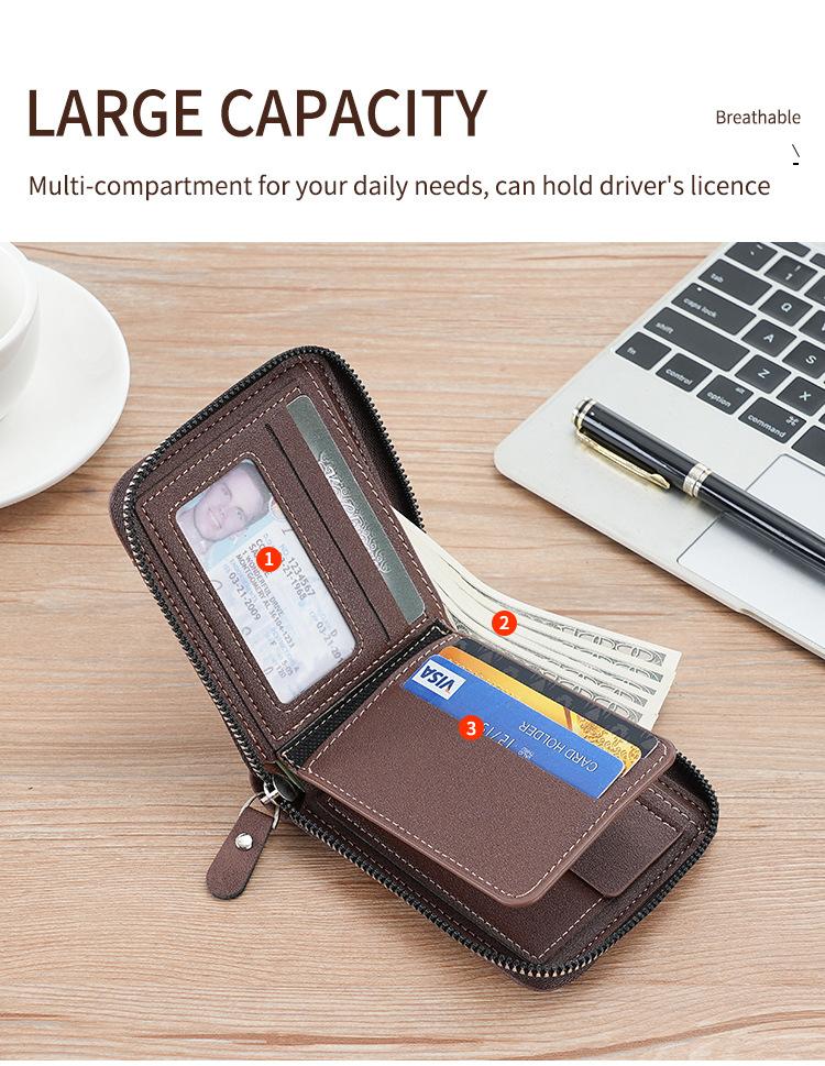 Men's  Zipper Short PU Leather Wallet Woven Tape Spliced Leather Vintage Purse Multifunctional and Multi Card ID Money Bag