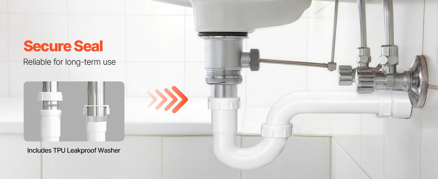 VEVOR 1.5 in Curved Shape P-Trap Plumbing Kit, PP Plastic Sink Drain Pipe with Threaded Adapter, TPU Leakproof Gaskets, Corrosion-Resistant, Odor Blockage, Easy-Install Under Sink Tool Kit for Household Users