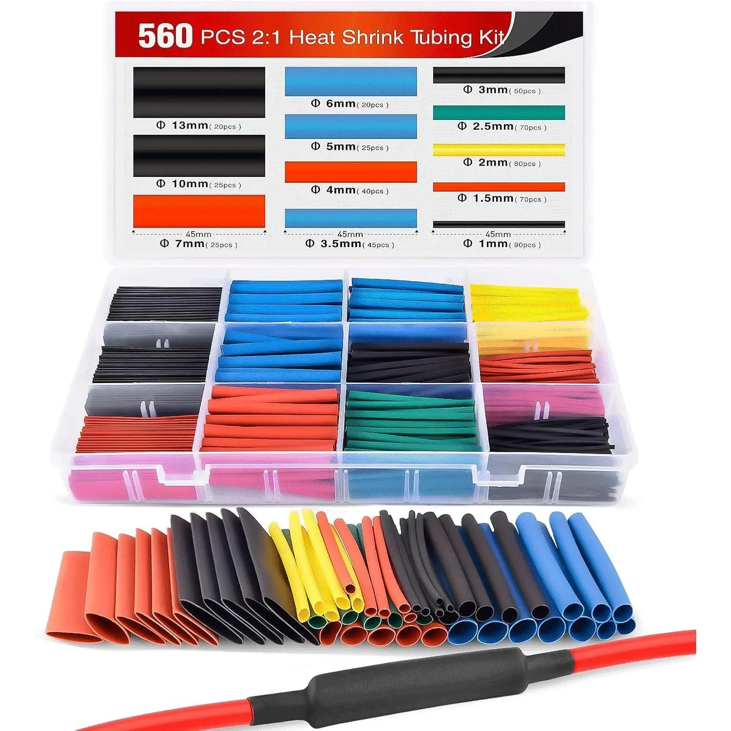 Heat Shrink 2:1 Electric Insulation Tube Kit 45mm Flame Retardant Wrap Cable Sleeve 560pcs 5 Colors 12 Sizes with Storage Box, 2 Years WarrantyGift