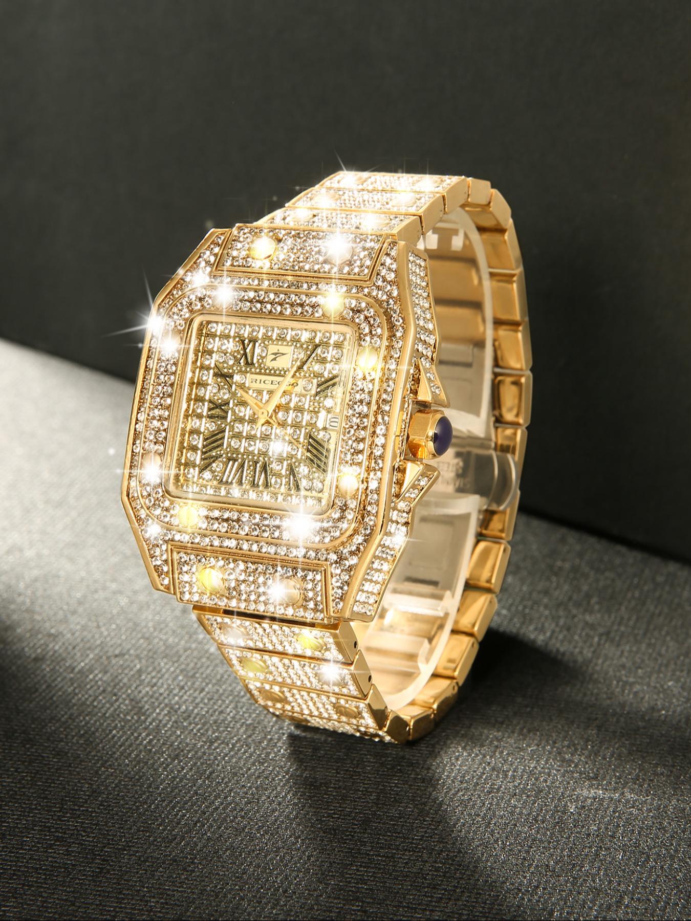 RICECGO Luxury Full-Diamond Men's Watch: Sparkling with diamonds, this timepiece features elegant design and refined details, showcasing the charm of a stylish man. It is an accessory that elevates your style, Fashionable Wristwatch
