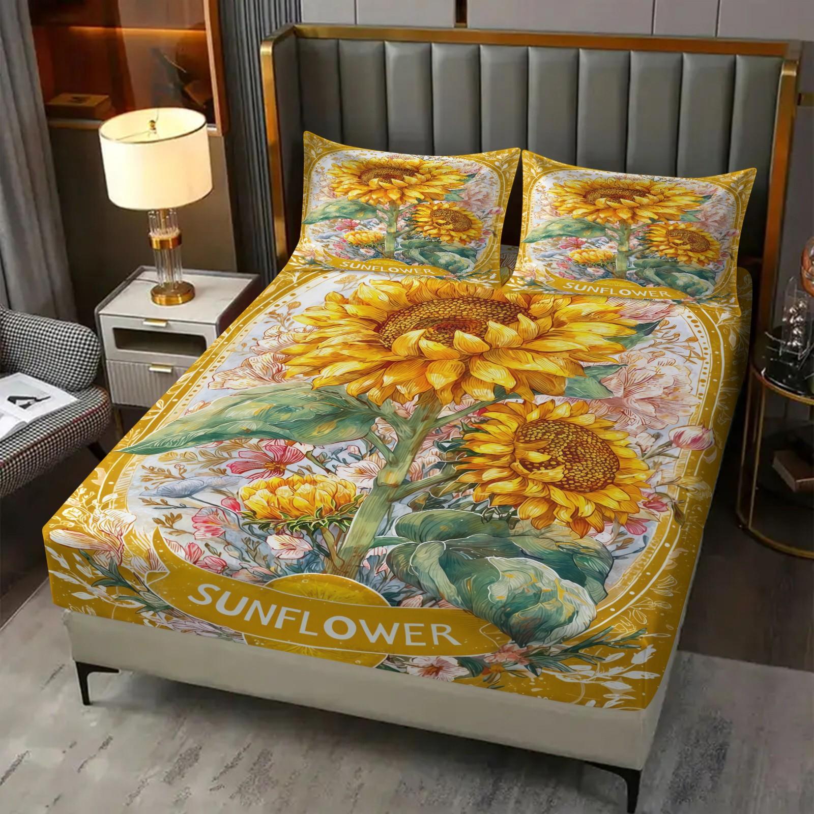 3-Piece Sunflower Patterned Bed Sheet Set, Soft And Durable Bedding Set, Including 1 Bed Sheet And 2 Pillowcases, Suitable For Children And Adults For Daily Holiday Birthday Gifts, Bedroom Decorations