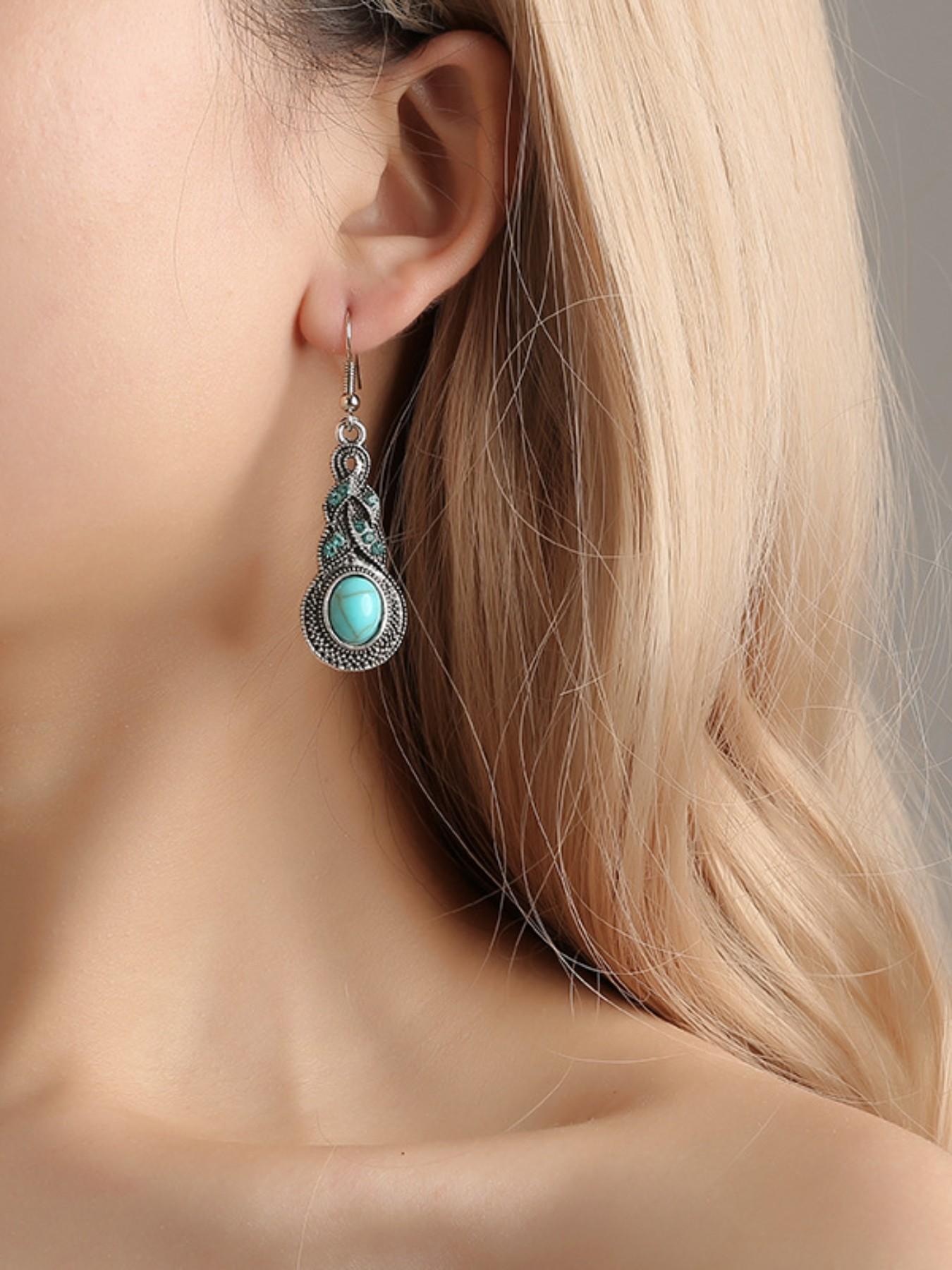 Turquoise Jewelry Set, Alloy Antique Silver Color, Vintage Bohemian Style, Women's Party Daily Commute, Holiday Gift, Teardrop Necklace Earrings Set