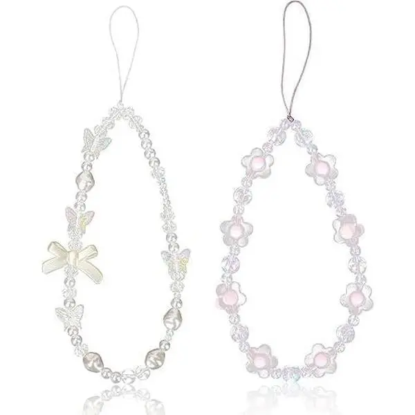 2 count White and  Bow Beaded Phone Bracelet Strap,  Butterfly Flower  Phone Beaded Wrist Strap Bracelet Lanyard For Women  Charm Fashion design Décor