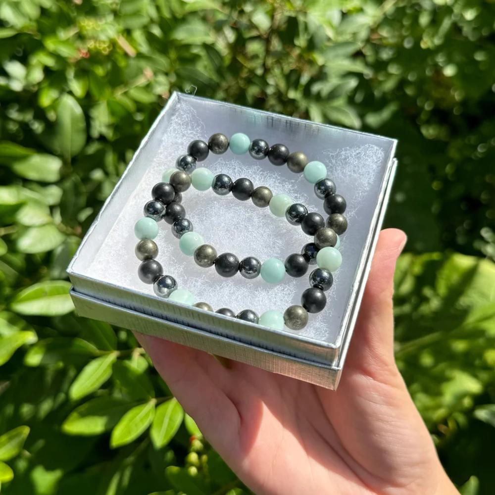 DB- EMF Protection Bracelet: Shungite, Hematite, Pyrite & Amazonite 8 mm Round Protection Crystals (Crystal Healing Bracelet, Gift) bracelet  for men-DB