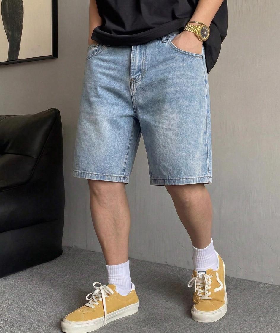 Men's Light Blue Minimalist Denim Shorts - Soft, Breathable Menswear with Regular Straight Fit, 5-Pocket Design, Zipper, Stylish Streetwear for Outdoor Activities, Everyday Wear