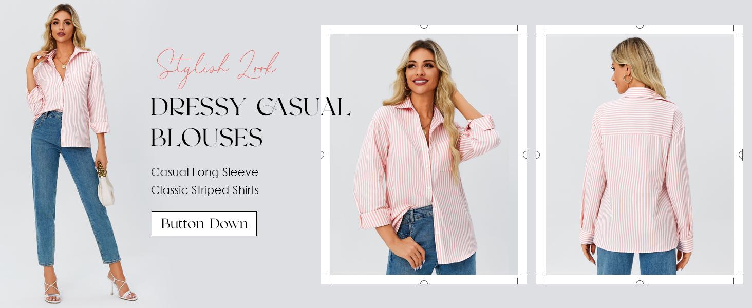 Cicy Bell Women's Blouses Striped Long Sleeve Shirts Button Down Loose Fit Casual Tops Womenswear Breathable