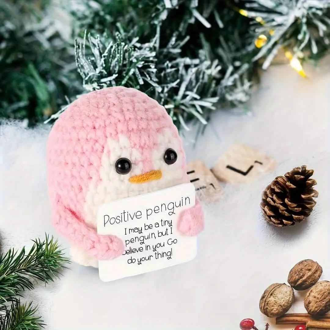 Positive Penguin Doll, 2.6 Inch Funny Knitted Penguin Toy, Cute Crochet Plushie with Positive Card, Christmas & New Year Gifts