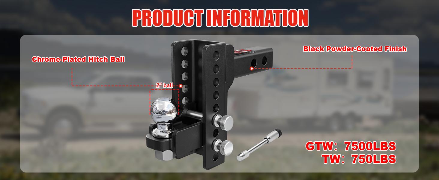 TYT Adjustable Trailer Hitch for 2" Receiver, 6" Drop/Rise, 2" Tow Ball, 7,500 lbs GTW / 750 lbs TW, Includes Two Pins and One Anti-Theft Pin Lock, Towing, Locks Tow Ball, Drop Hitch With 2
