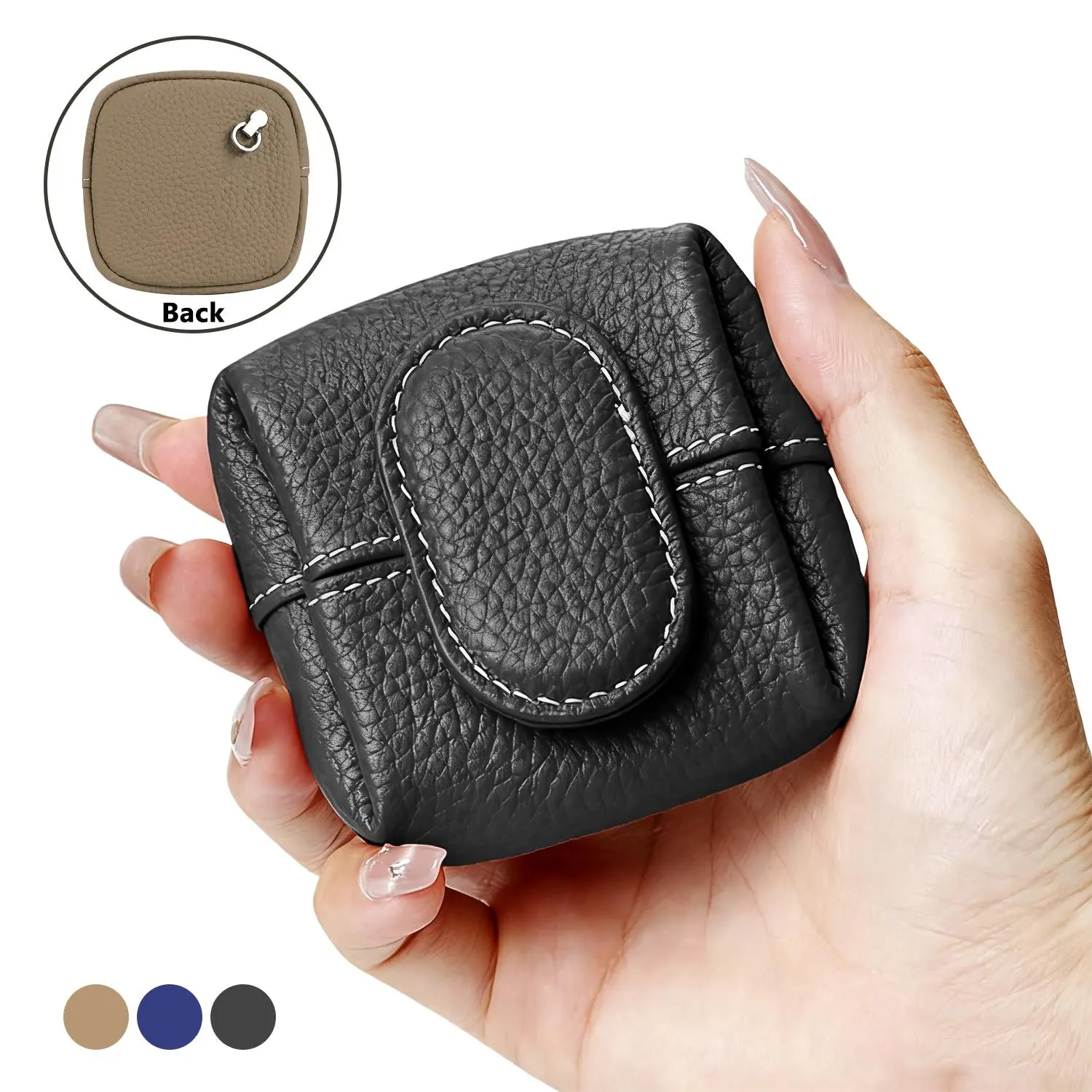 Mini Genuine Leather Coin Purse Keychain, Compact Small Wallet with Snap Closure, Lychee-Grain Cowhide Change Pouch for Coins, Earbuds & Cables, Pocket Wallet for Women & Men