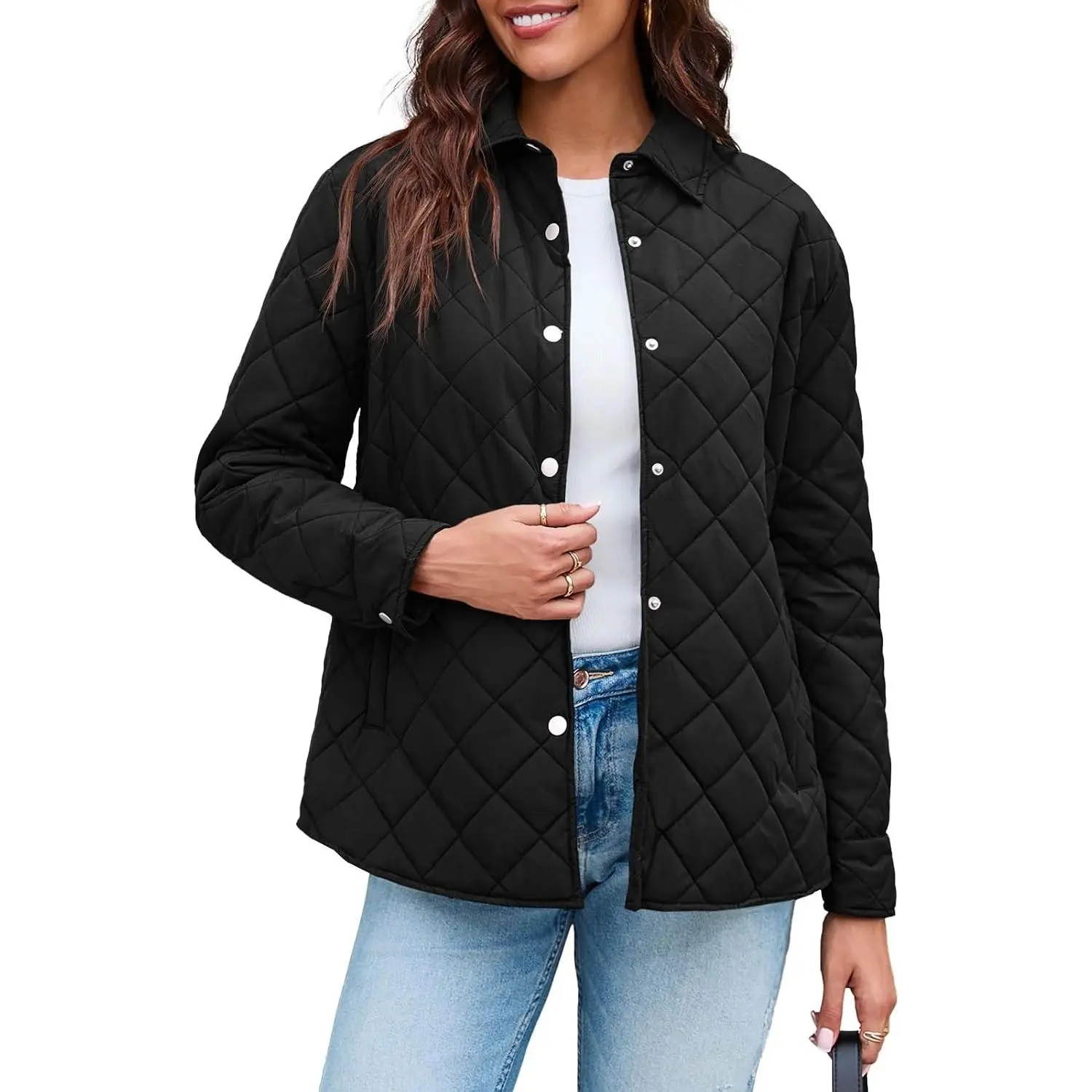 Womens Lightweight Quilted Jacket Fall Button Down Puffer Jackets Loose Fit Stand Collar Warm Coats Outerwear