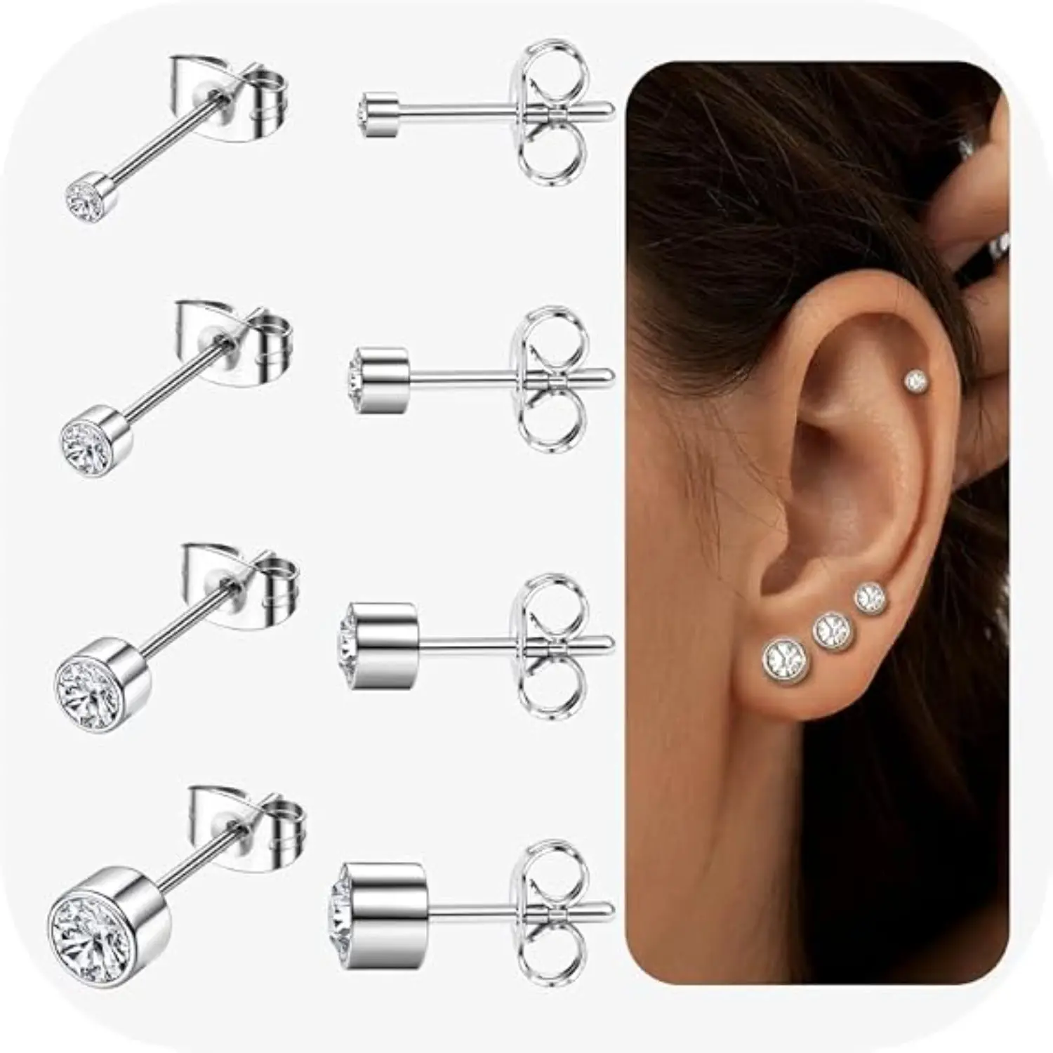 4 Pairs G23 Titanium Flat Back Stud Earring Set for Women Men, Hypoallergenic Small Cubic Zirconia Ball Sleeper Earrings, Silver‑Tone Cartilage Earrings for Multiple Ear Piercings