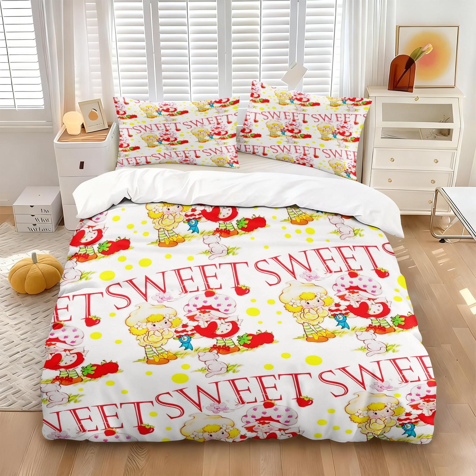 Vintage Strawberry Girl Cartoon 3-Piece Duvet Cover Set, Ultra-Soft Microfiber Bedding with 2 Pillowcases, Cute Kawaii Style Bedding for Kids Girls Bedroom Dorm Decor