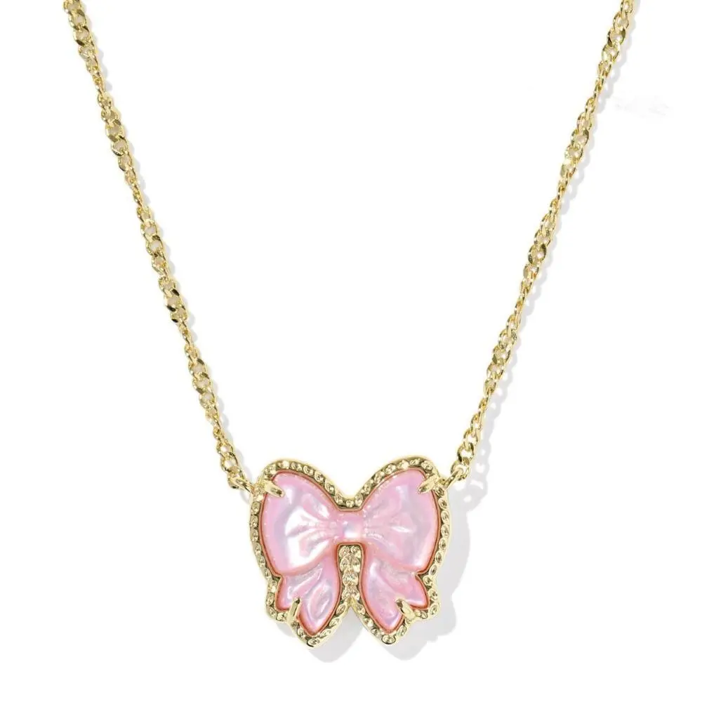 Women's Pearlescent 3D Sculpture Alloy-Resin Bow Knot Pendant Necklace, Ribbon Charm Chain with Extender Link, Elegant Layering Bag Accessory Gift