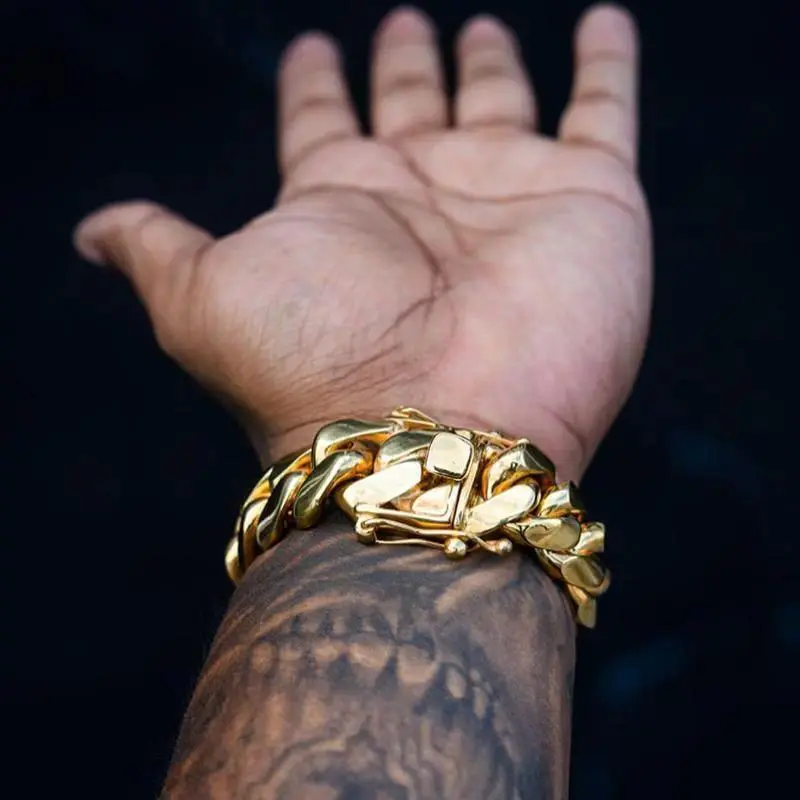 14K Vacuum-gold Plated Hip Hop Jewelry trendy costume Stainless Steel Miami Cuban Link Chain Necklace or Bracelet Fashion Accessory Men Women unisex Monaco italy Mexico & Micro Promise chains for Husband Boyfriend Valentines Birthday Gift