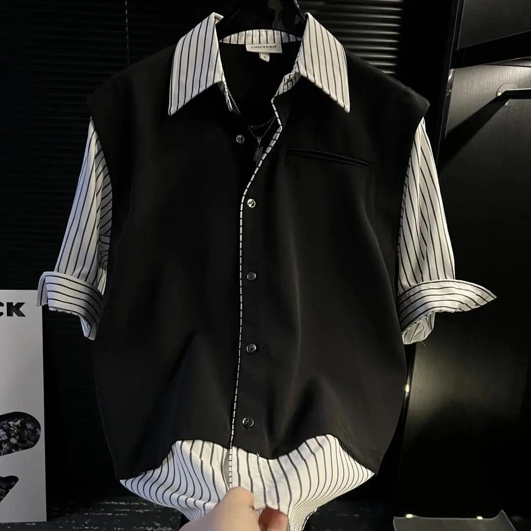 Summer Men's Patchwork Striped New Short-sleeved Shirt Fake Two-piece Design Casual Loose Versatile Shirt